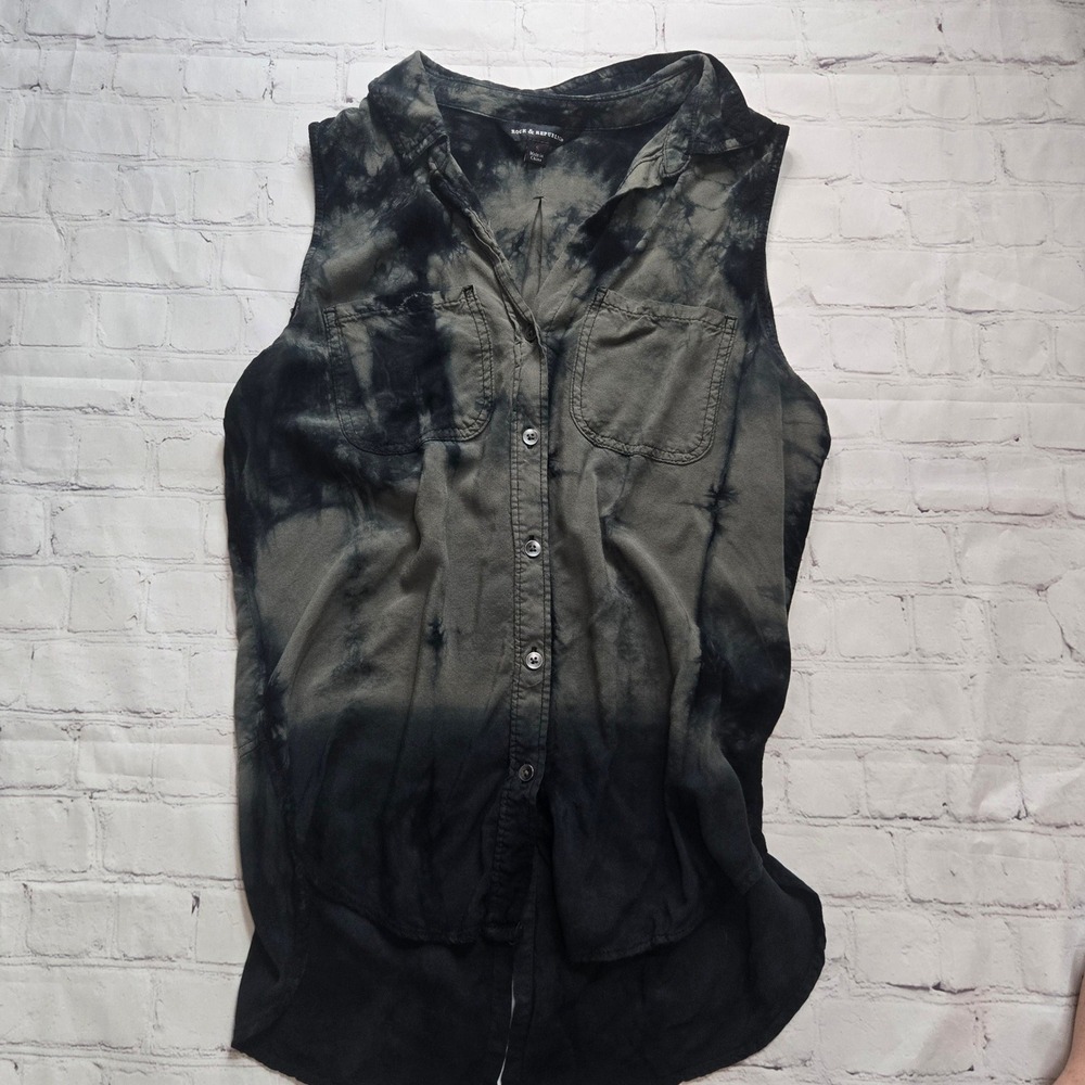 Rock & Republic Sleeveless Tie Dye Button Down Shirt Gray Black Grunge Goth S